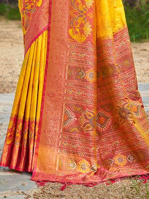 Yellow banarasi silk blend woven saree with contrast border 3