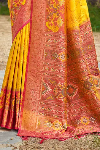 Yellow banarasi silk blend woven saree with contrast border