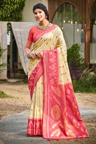 cream pochampally silk blend saree with contrast border