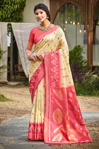 cream pochampally silk blend saree with contrast border