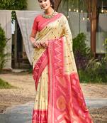 cream pochampally silk blend saree with contrast border