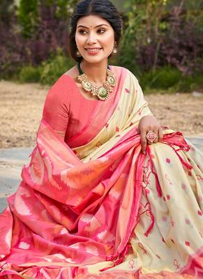 cream pochampally silk blend saree with contrast border 2