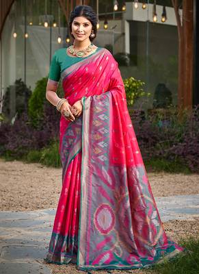 rani pink pochampally silk blend saree with contrast border 1