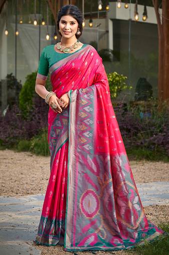 rani pink pochampally silk blend saree with contrast border