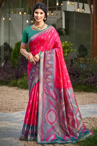 rani pink pochampally silk blend saree with contrast border