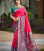 rani pink pochampally silk blend saree with contrast border