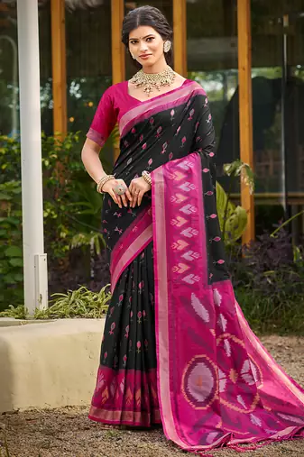 black pochampally silk blend saree with contrast border