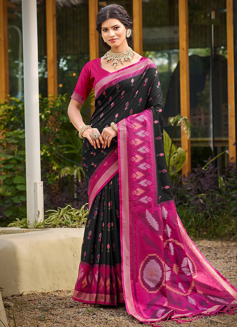 black pochampally silk blend saree with contrast border