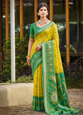 lemon yellow pochampally silk blend saree with contrast border 1