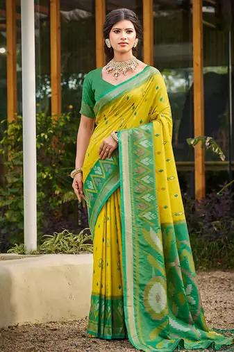 lemon yellow pochampally silk blend saree with contrast border