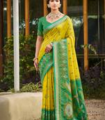 lemon yellow pochampally silk blend saree with contrast border