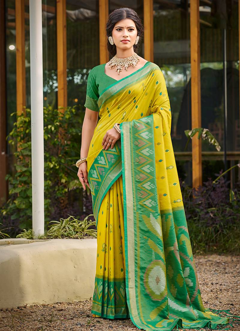 lemon yellow pochampally silk blend saree with contrast border