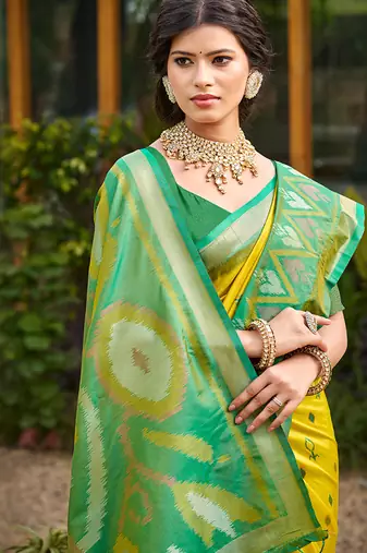 lemon yellow pochampally silk blend saree with contrast border