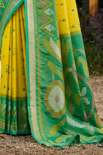 lemon yellow pochampally silk blend saree with contrast border