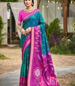 teal pochampally silk blend saree with contrast border