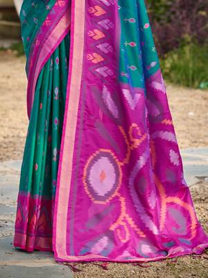 teal pochampally silk blend saree with contrast border 3