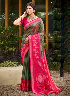 mehendi green pochampally silk blend saree with contrast border 1