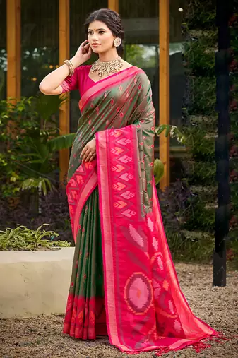 mehendi green pochampally silk blend saree with contrast border