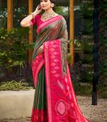 mehendi green pochampally silk blend saree with contrast border
