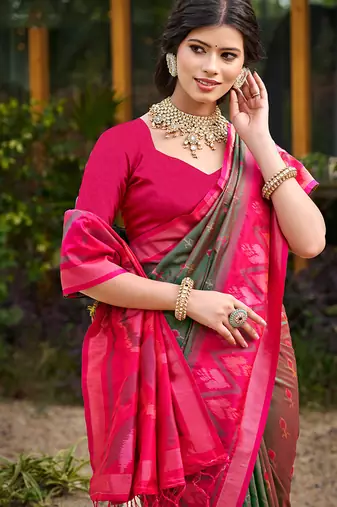 mehendi green pochampally silk blend saree with contrast border