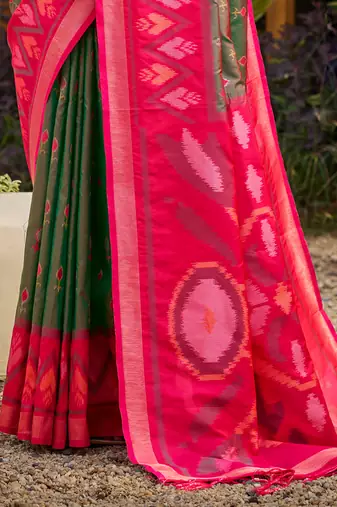 mehendi green pochampally silk blend saree with contrast border