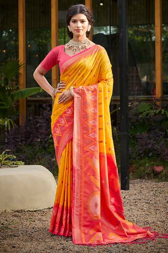 yellow pochampally silk blend saree with contrast border