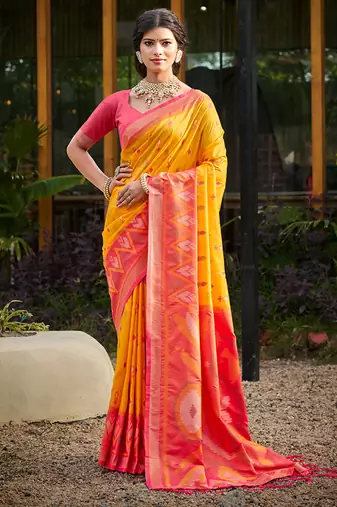 yellow pochampally silk blend saree with contrast border