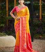yellow pochampally silk blend saree with contrast border