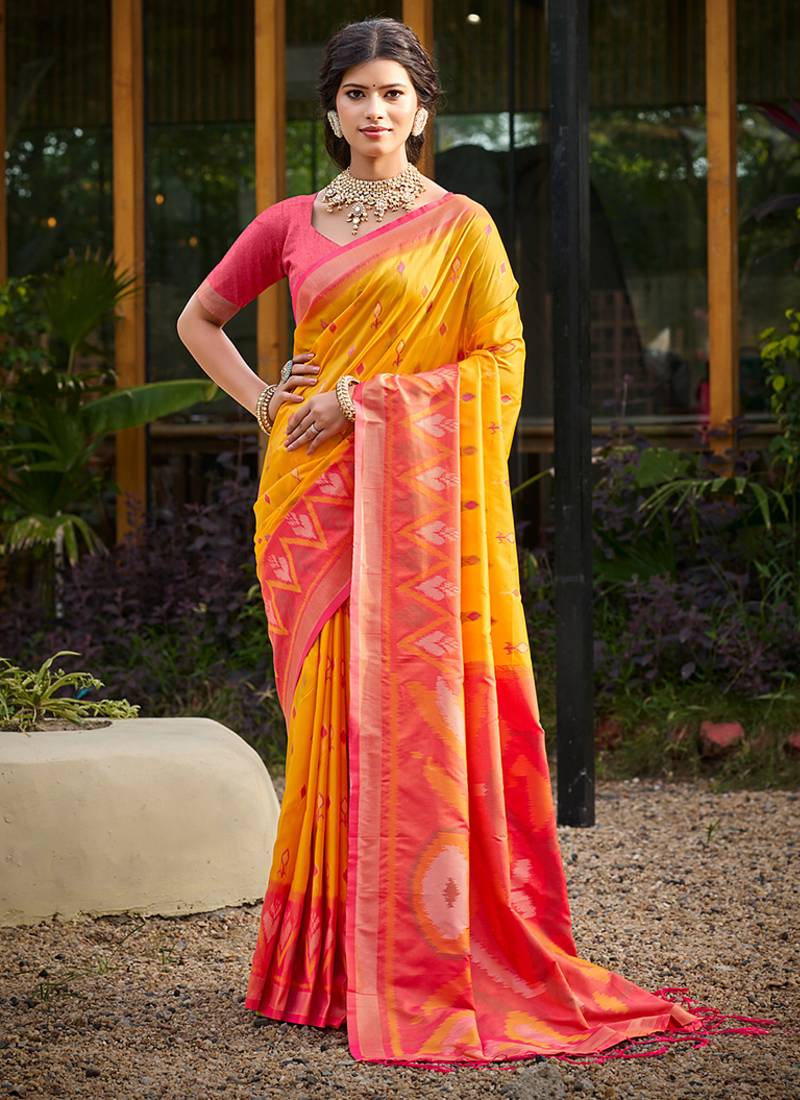 yellow pochampally silk blend saree with contrast border
