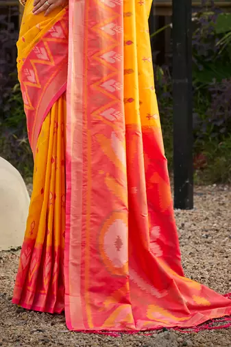 yellow pochampally silk blend saree with contrast border
