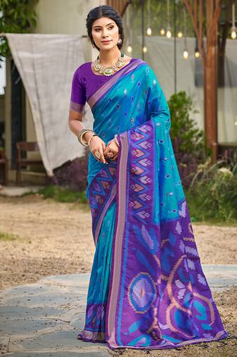sky blue pochampally silk blend saree with contrast border