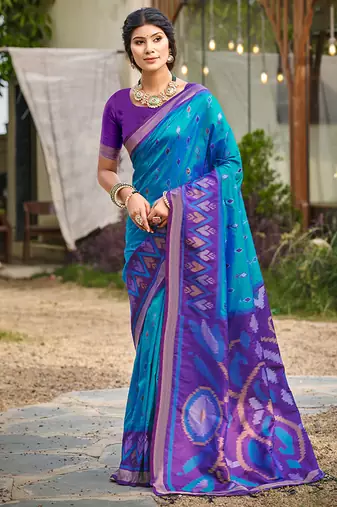 sky blue pochampally silk blend saree with contrast border