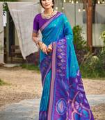 sky blue pochampally silk blend saree with contrast border