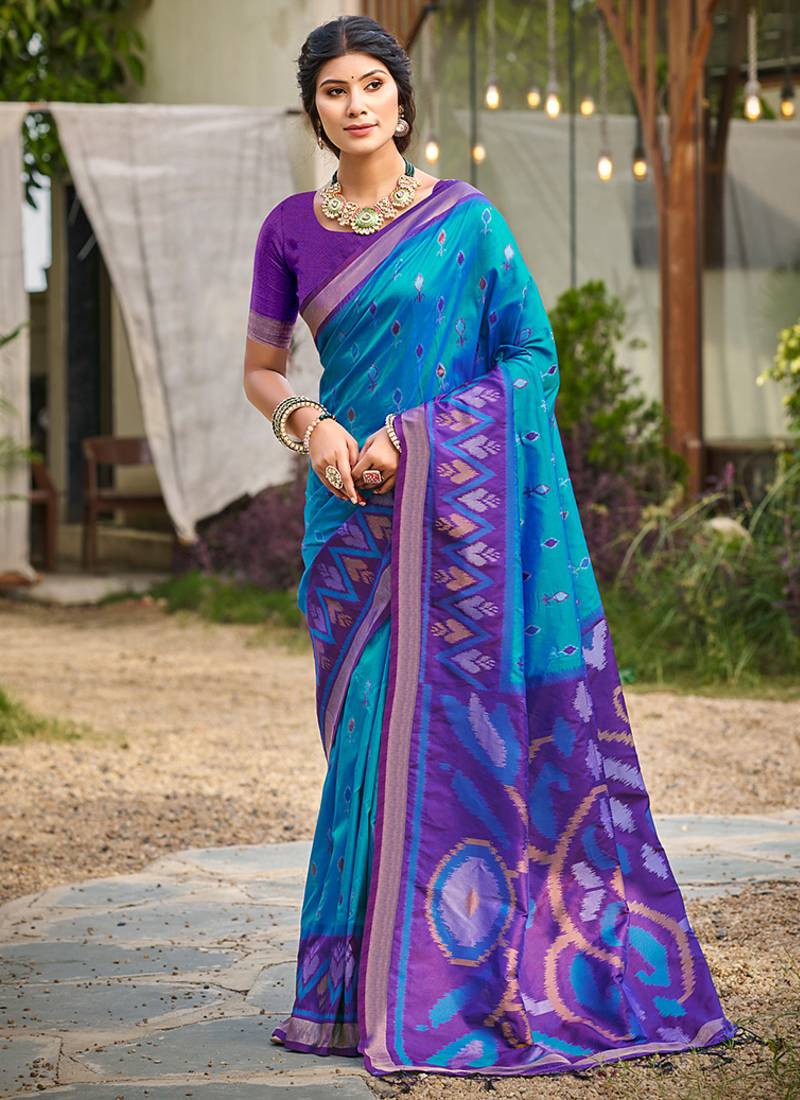 sky blue pochampally silk blend saree with contrast border