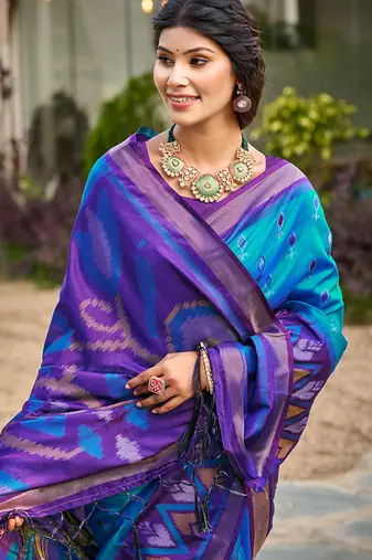 sky blue pochampally silk blend saree with contrast border