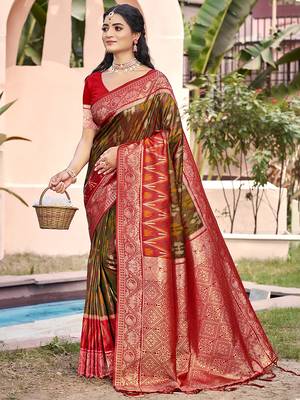 olive green & red banarasi silk blend saree with zari woven pallu 1