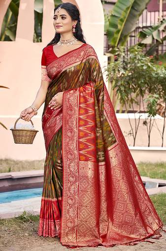 olive green & red banarasi silk blend saree with zari woven pallu