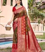 olive green & red banarasi silk blend saree with zari woven pallu