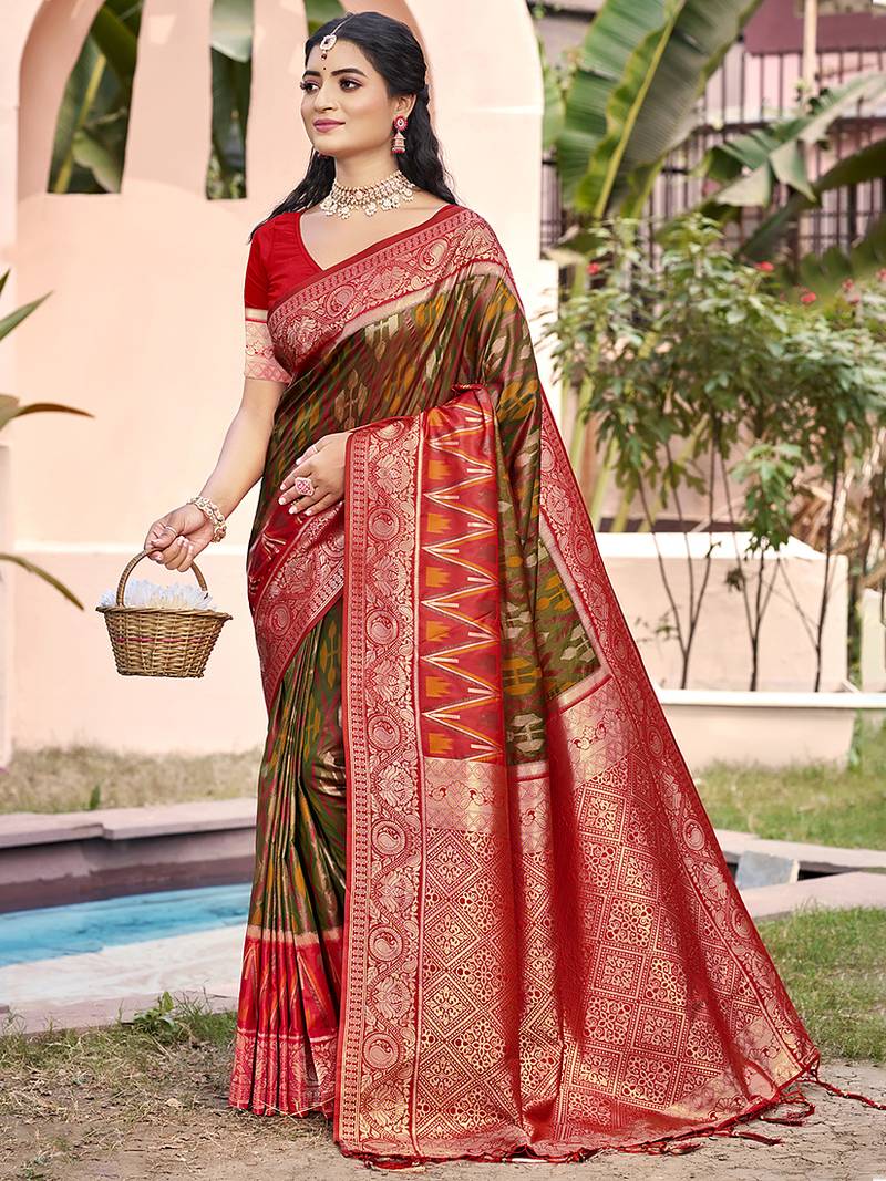 olive green & red banarasi silk blend saree with zari woven pallu