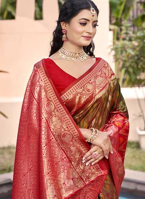 olive green & red banarasi silk blend saree with zari woven pallu 2