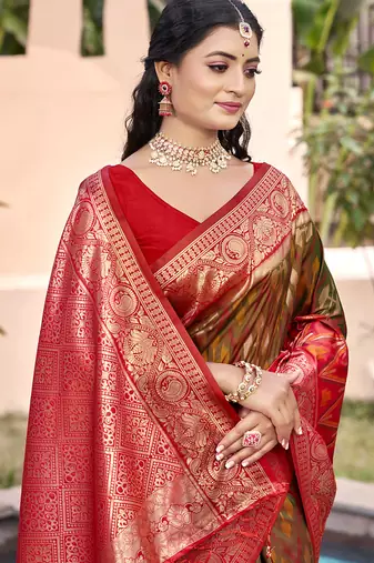 olive green & red banarasi silk blend saree with zari woven pallu
