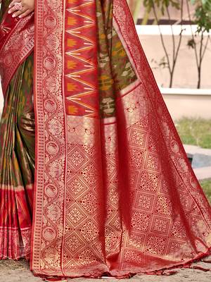 olive green & red banarasi silk blend saree with zari woven pallu 3