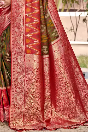 olive green & red banarasi silk blend saree with zari woven pallu
