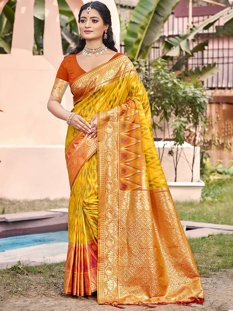 mustard yellow & rust banarasi silk blend saree with zari woven pallu