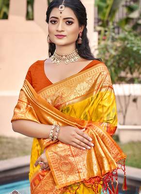 mustard yellow & rust banarasi silk blend saree with zari woven pallu 2