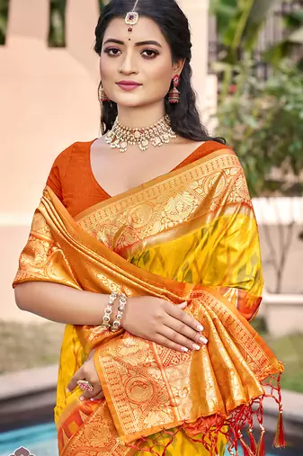 mustard yellow & rust banarasi silk blend saree with zari woven pallu