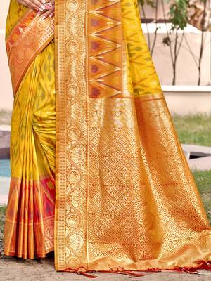 mustard yellow & rust banarasi silk blend saree with zari woven pallu 3