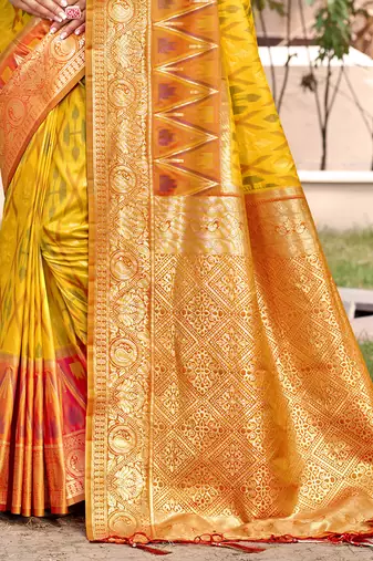 mustard yellow & rust banarasi silk blend saree with zari woven pallu