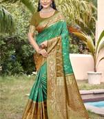 sea green & olive green banarasi silk blend saree with zari woven pallu