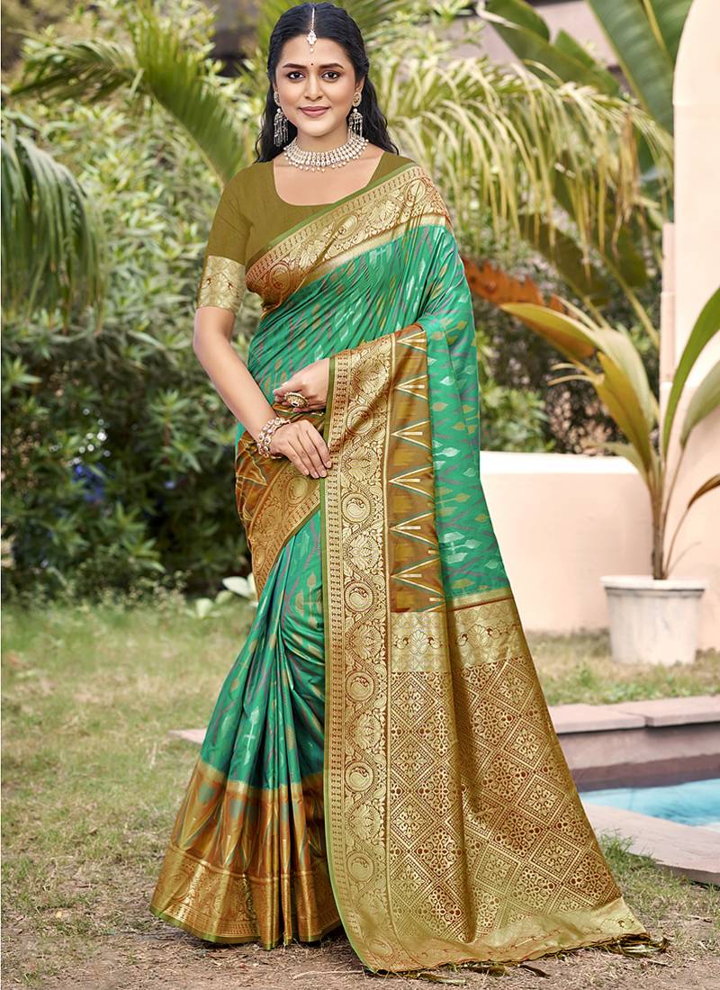 sea green & olive green banarasi silk blend saree with zari woven pallu